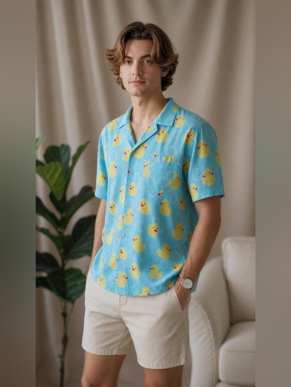 UZZI Blue Duck-Print Short Sleeve Camp Shirt - Men Size XL